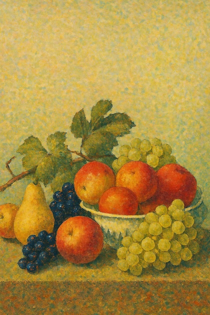 poire, pommes, raisins